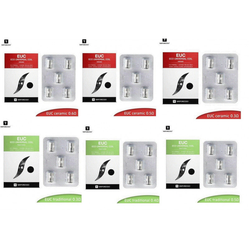 Résistances EUC Vaporesso - Pack de 5 - Céramique 0.6, 0.3, 0.5 Ohm - Traditionnel 0.3, 0.4 Ohm