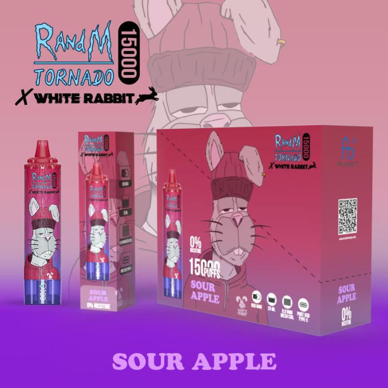 Sour Apple - White Rabbit - RandM Tornado - 15000 Puffs - Vape Pen - Cigarette jetable
