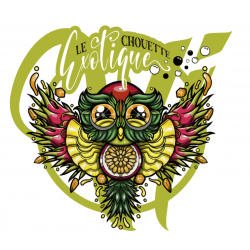 Illustration de chouette avec décor tropical et texte 'Le Chouette Exotique' pour e-liquide