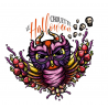Logo 'Le Chouette Halloween' avec chouette fantaisiste entourée de fruits et bonbons.