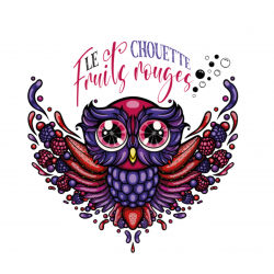 Logo artistique 'Le Chouette Fruits Rouges' avec chouette et fruits, texte stylisé