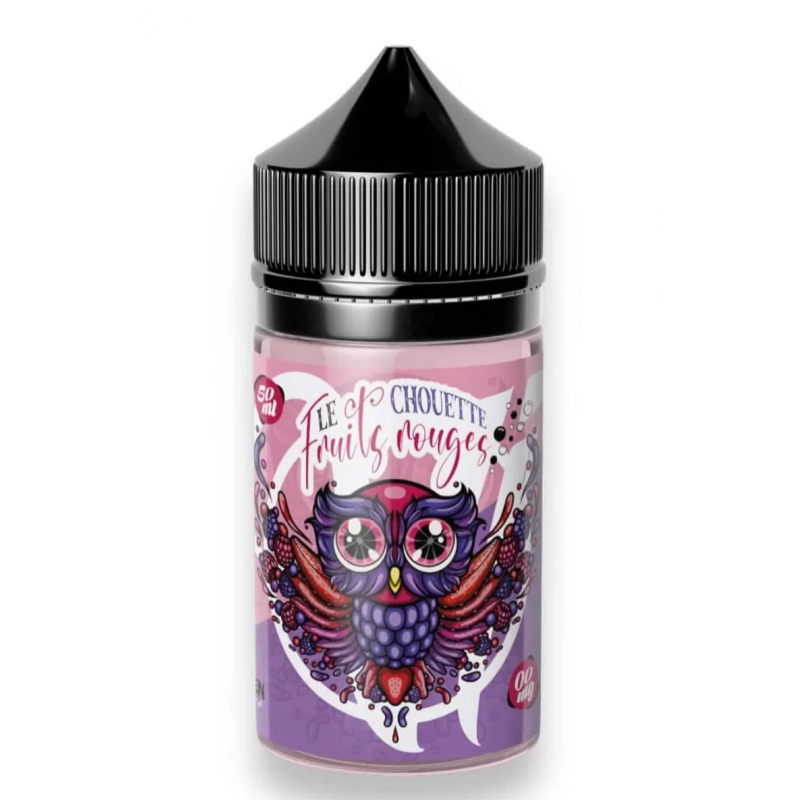 Bouteille d'E-liquide 'Le Chouette Fruits Rouges' de Vape Institut, 50 ml, avec design de chouette violet