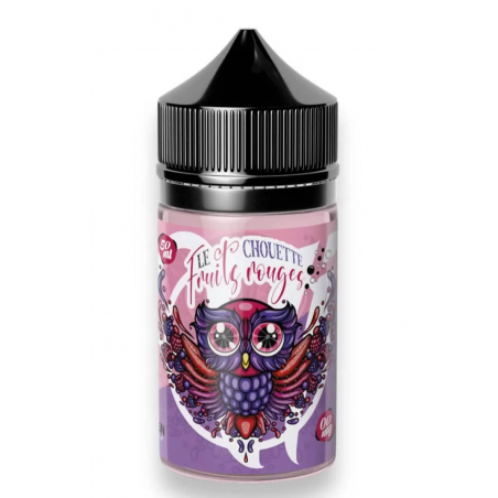 Bouteille d'E-liquide 'Le Chouette Fruits Rouges' de Vape Institut, 50 ml, avec design de chouette violet