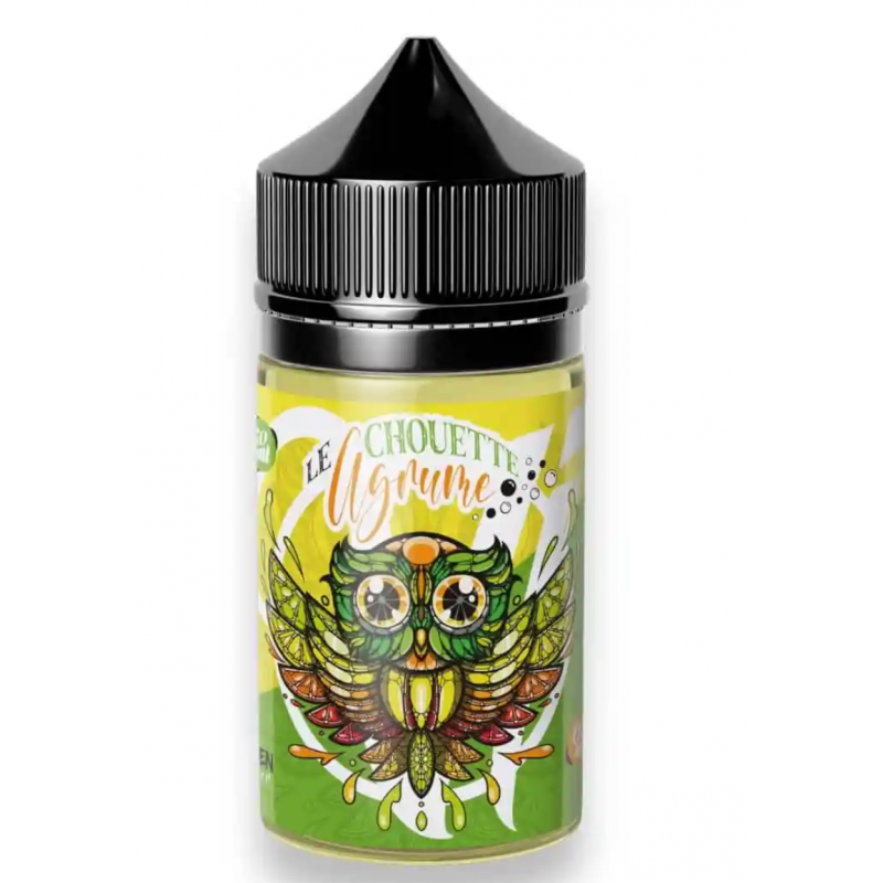 Bouteille d'E-liquide 'Le Chouette Agrume' de Vape Institut, 50 ml, avec illustration colorée de chouette