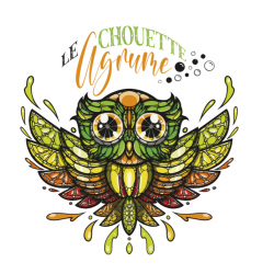 Logo 'Le Chouette Agrume' avec chouette multicolore et texte, pour e-liquide.