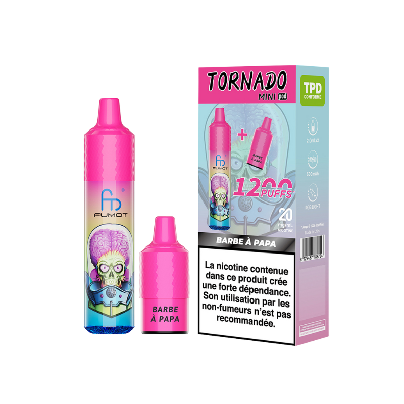 Kit Tornado Mini 1200 Puffs (+ 2 Pods 2ml 20mg) Fumot- Barbe à Papa