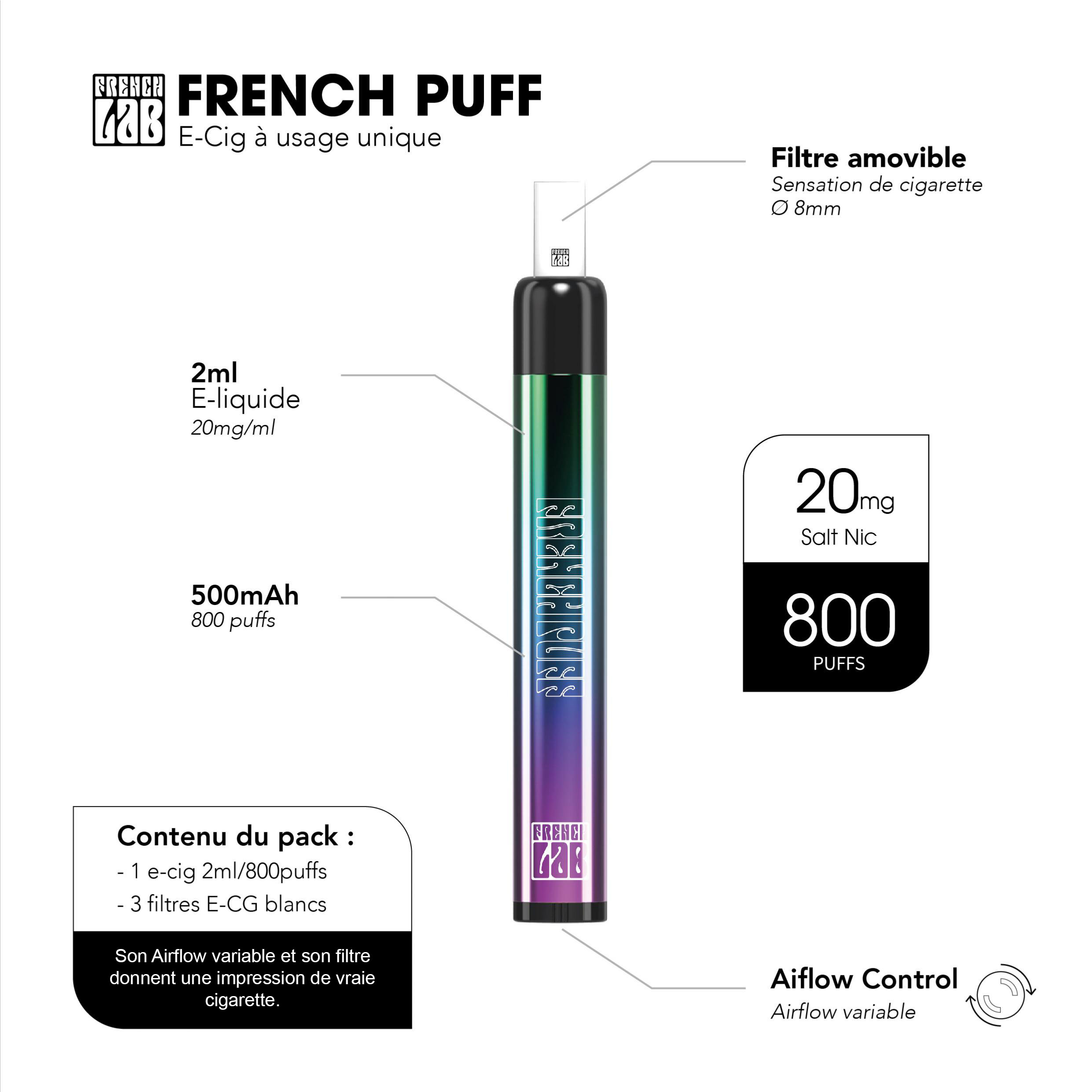 800 bouffées, équivalent à 5 paquets de cigarettes classiques sur la French Puff Tropical Punch
