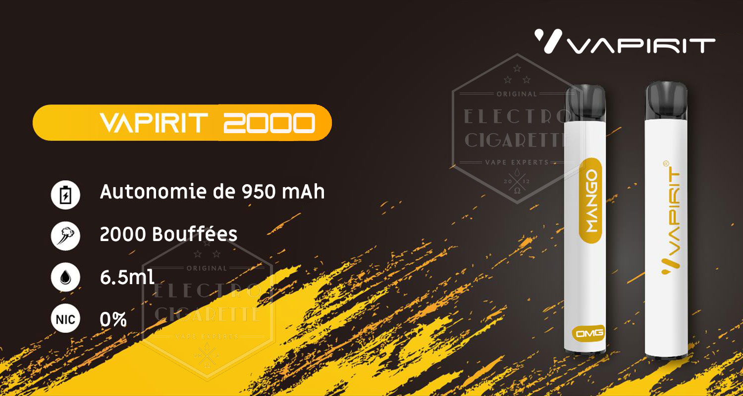 2000 bouffées, équivalent à plus de 7 paquets de cigarettes classiques sur la Vapirit 2000 Pêche 2000 Taffs