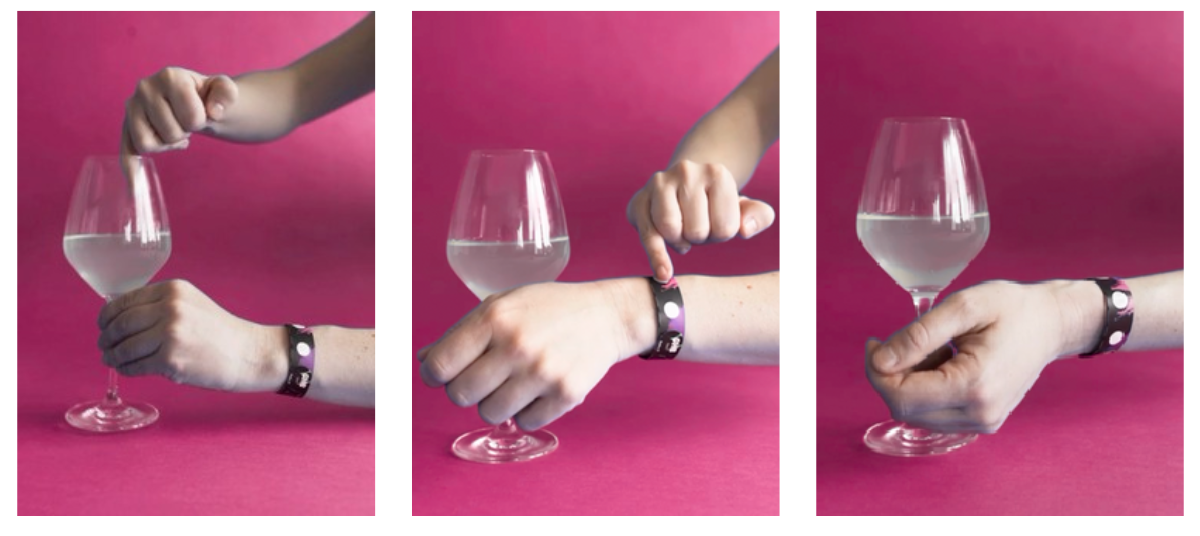 Mode d’emploi visuel en trois étapes : prélever une goutte, déposer sur la pastille du bracelet, lire la couleur.