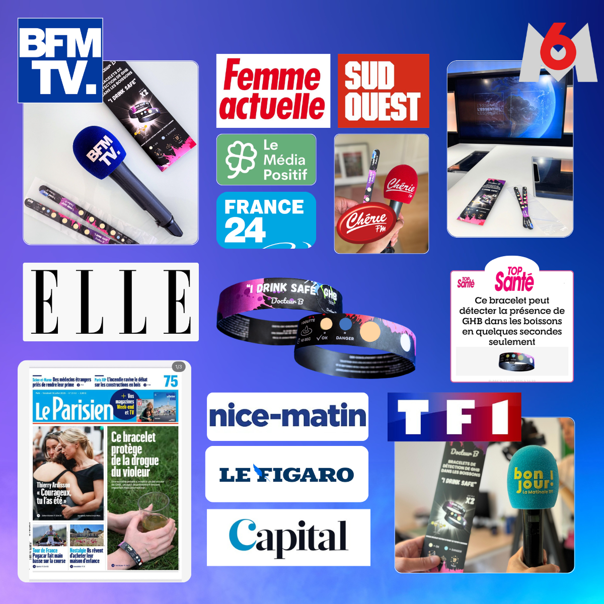 Mosaïque photo : le bracelet Doctor-B I Drink Safe présenté dans différents médias (plateaux télé, radios, presse).