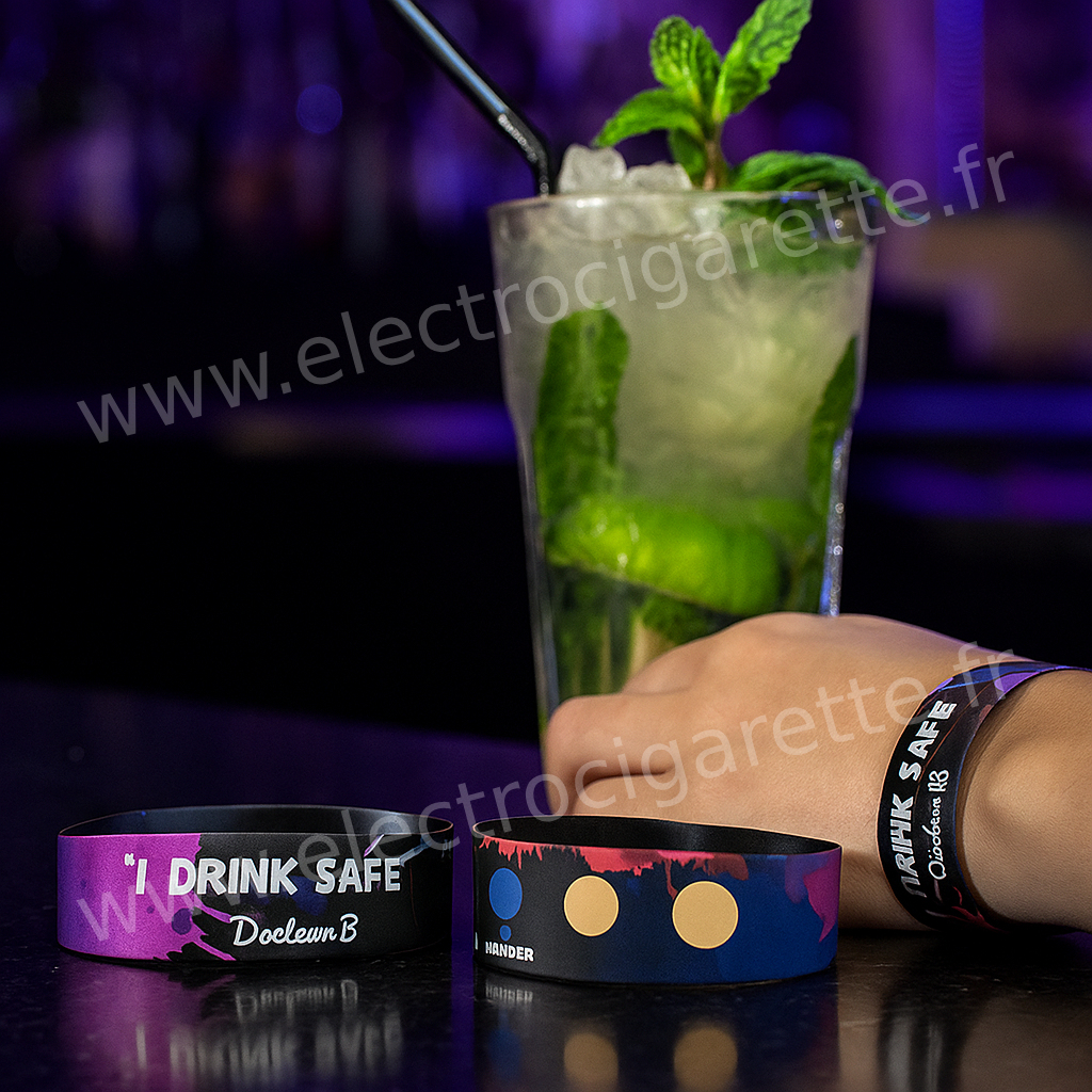 Gros plan sur le bracelet Doctor-B I Drink Safe : zones réactives et code couleur OK/DANGER.