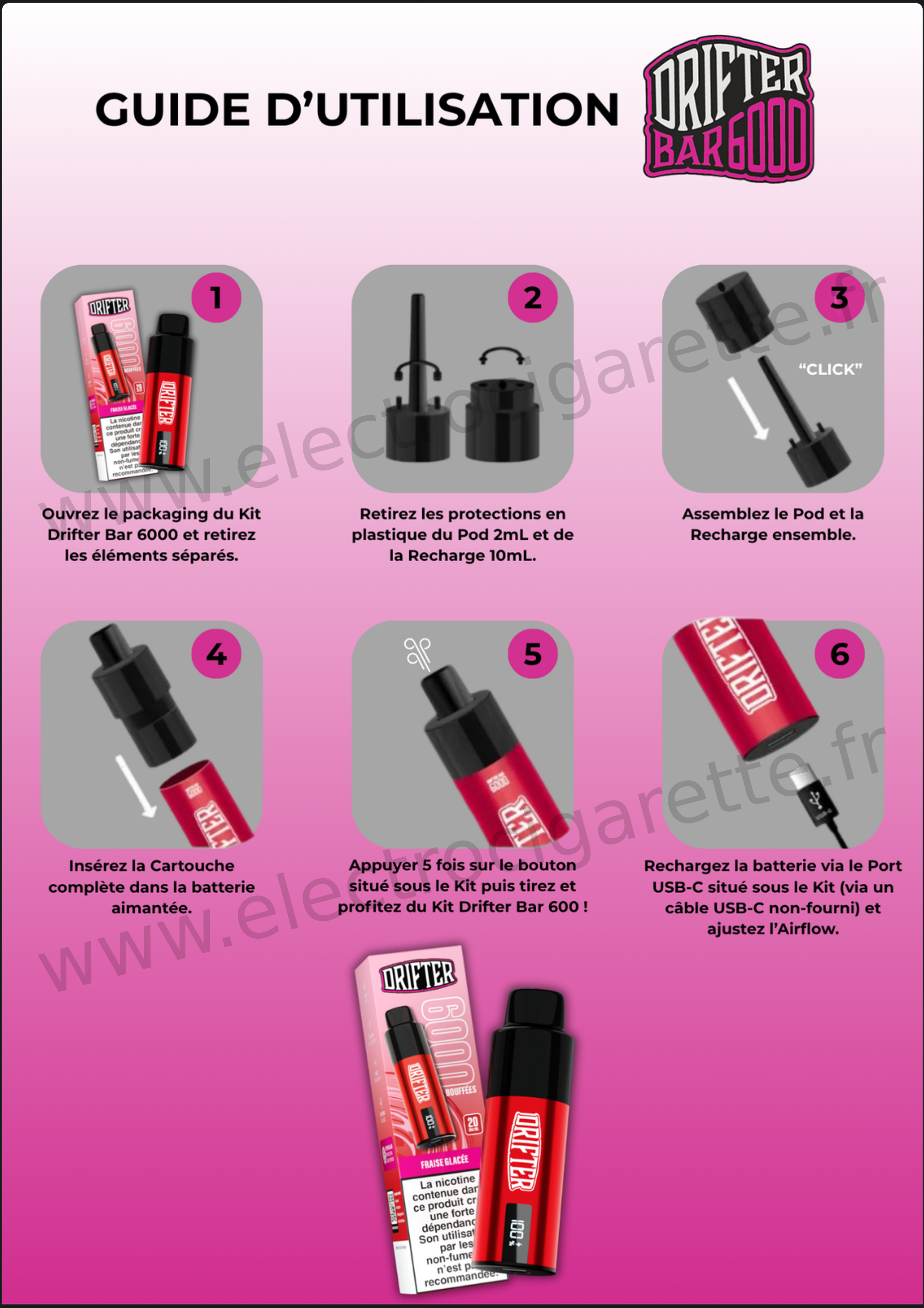 Mode d'emploi Kit Pod Drifter Bar 6000 10 2ml 20mg Drifter