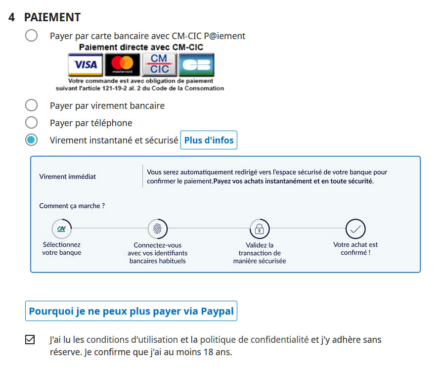 Choix du paiement Virement instantané et sécurisé