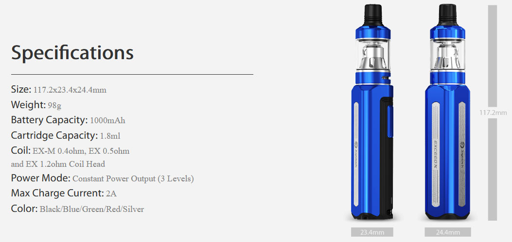 Kit Exceed X 1000mah avec Exceed X 1.8ml par Joyetech - Spécifications