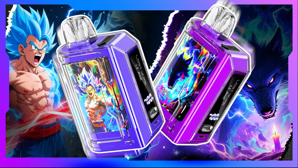 Deux versions du kit Lost Vape Le Bar 45K avec arri&egrave;re-plan graphique &eacute;nerg&eacute;tique