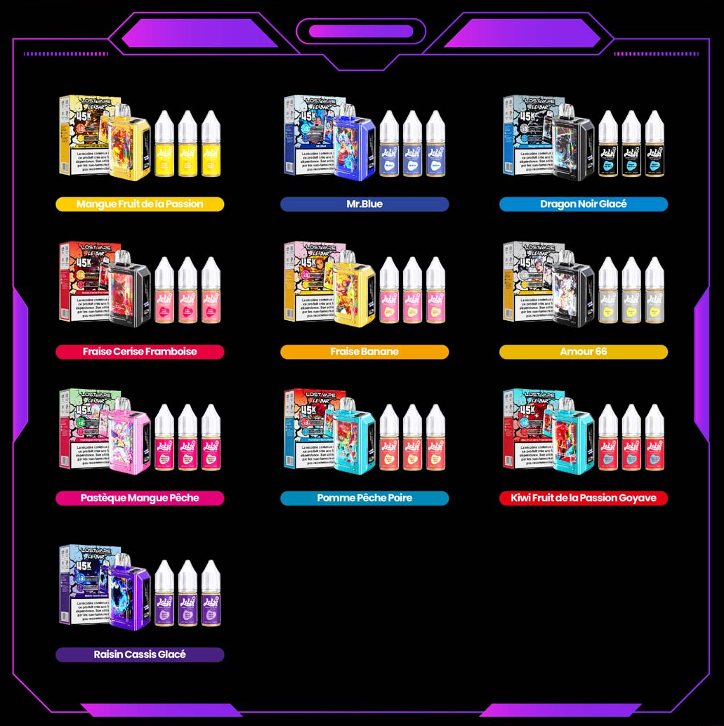 Tableau des diff&eacute;rentes saveurs du kit Lost Vape Le Bar 45K avec e-liquides