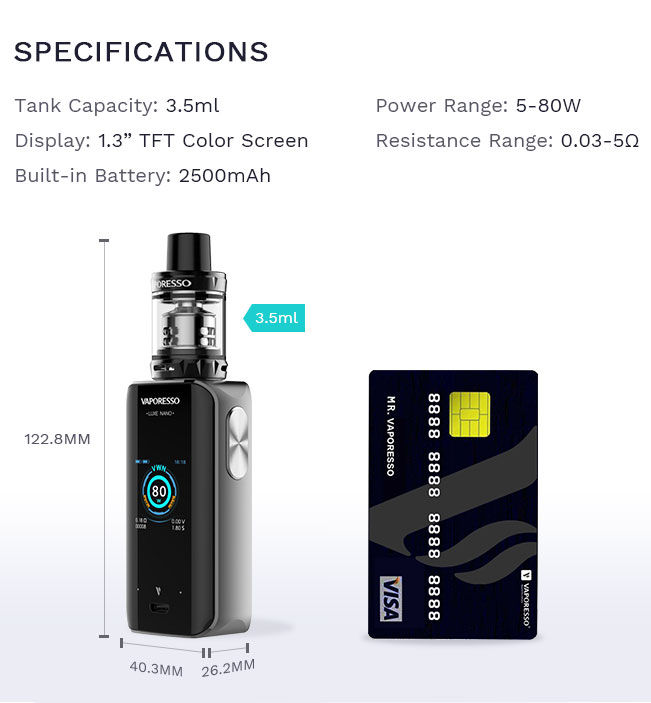 Kit Luxe Nano 2500mah TS 80W avec SKRR-S Mini 3.5ml - Informations