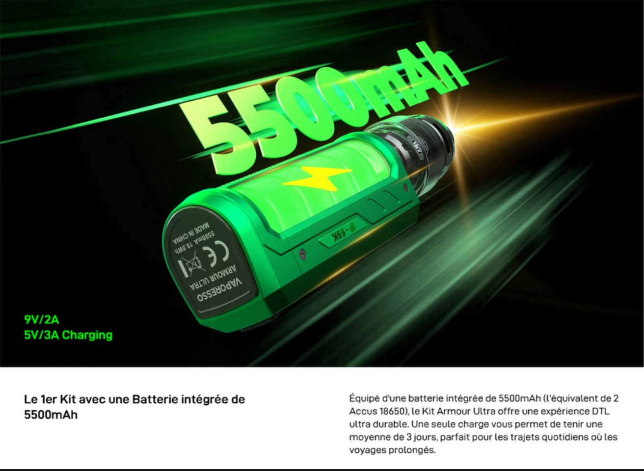 Kit Armour Ultra Vaporesso avec iTank T Dual Mesh 6 mL - Autonomie