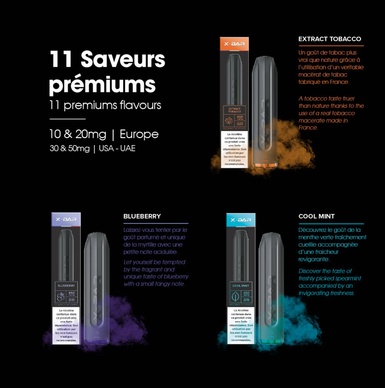 X-Bar, liste des saveurs Extrac Tobacco, Blueberry et Cool mint